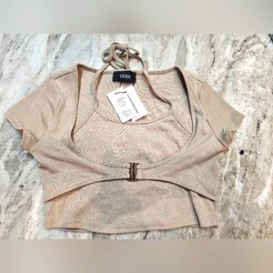 NWT Cider Women’s Ribbed Crop Top Size L Beige Short Sleeve Cut Out Back Tie